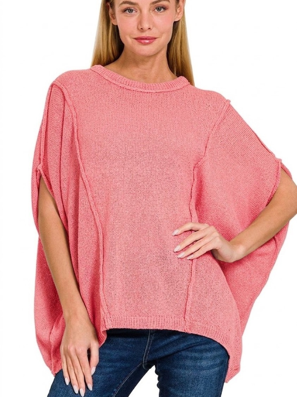 Zenana Drop Shoulder Exposed Seam Relaxed Pullover / Poncho Sweater